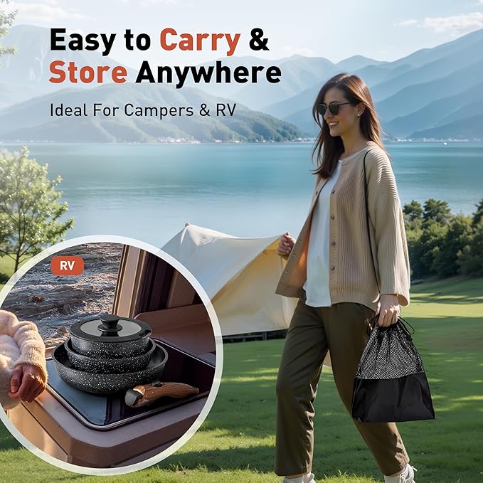 10 Pcs Pots and Pans Set Non Stick Nonstick Kitchen Cookware Sets Detachable Handle Induction Pots and Pans Set with Removable Handle RV Cookware Set for Camping Oven Safe PFOS PFOA Free Black