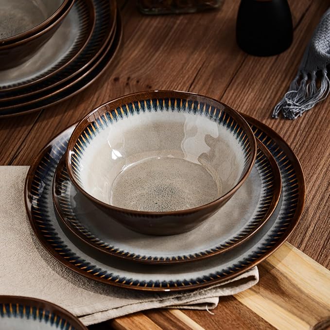 Melamine Dinnerware Set 12 Pcs Dishware Sets Plate and Bowl Set Service for 4 Lightweight and Unbreakable Dinnerware Sets for Camping Great for RV Dishwasher Safe Sahara Beige and Blue