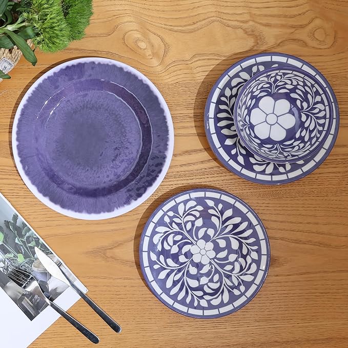 Melamine Dinnerware Set 12 Pieces Plates and Bowls Set Unbreakable Dish SetLightweightCampingDishwasher SafeService for 4 Blue-purple