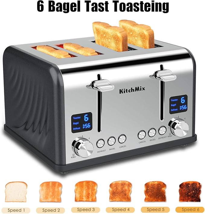 Toaster 4 Slice Bagel Stainless Toaster with LCD Timer Extra Wide Slots Dual Screen Removal Crumb Tray (Gray)
