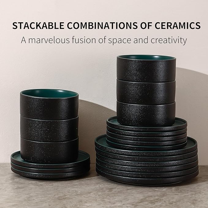 GZG Classic Series - Plates and Bowls Set for 8 24 Piece Stoneware Dinnerware Sets Microwave and Dishwasher Safe Lead-Free Handcrafted Ceramic Dishes Set - Malachite Green