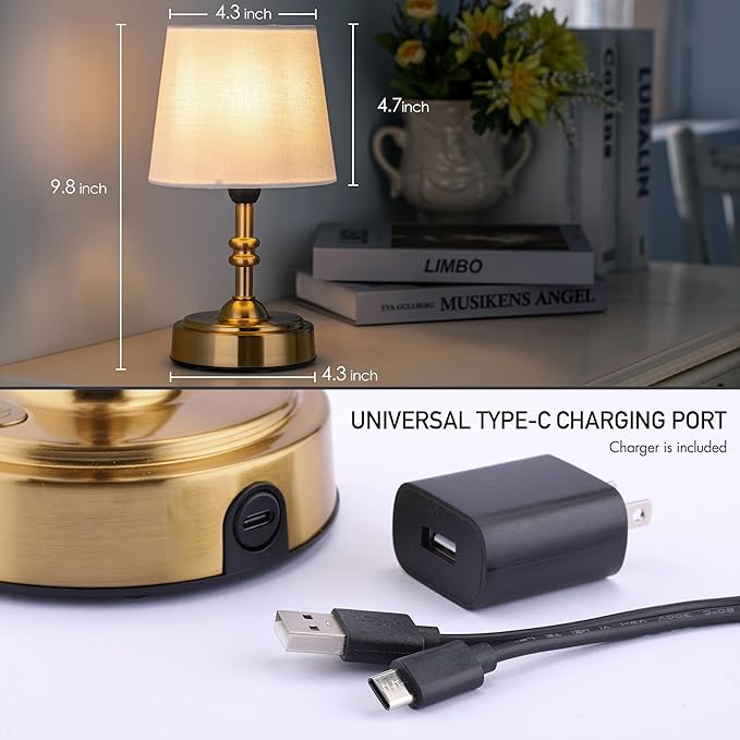 O’Bright Seraph mini – Cordless LED Table Lamp with Dimmer Built-in Rechargeable Battery 3-Level Brightness Patio Table Lamp Bedside Night Lamp Ambient Light for Restaurant Antique Brass