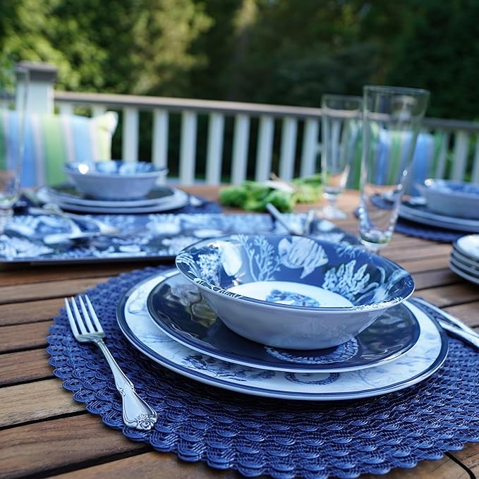 Sea Life Melamine 12 Piece Dinnerware Set – Service for 4 Coastal Themed Plates and Bowls with Ocean Art Reusable Nautical Dinnerware for Indoor/Outdoor Dining Dishwasher Safe Break-Resistant