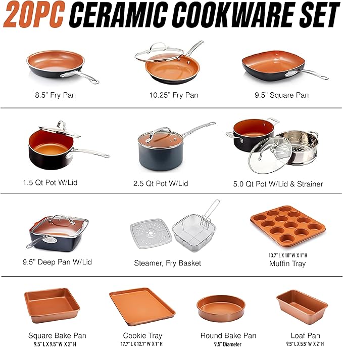 Gotham Steel True 20 Pc Ceramic Cookware Set Nonstick Ceramic Pots and Pans Set Non Stick with Deep Square Pan Set &amp Bakeware Set Non Toxic PFOA PFOS Free Oven &amp Dishwasher Safe No Cheater