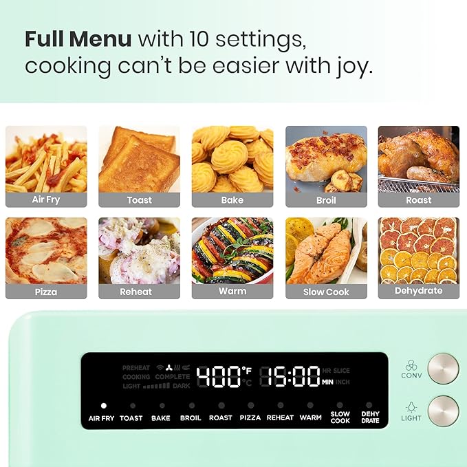 VAL CUCINA Retro Style Infrared Heating Air Fryer Toaster Oven Extra Large Countertop Convection Oven 10-in-1 Combo 6-Slice Toast Enamel Baking Pan Easy Clean with Recipe Book Green Color