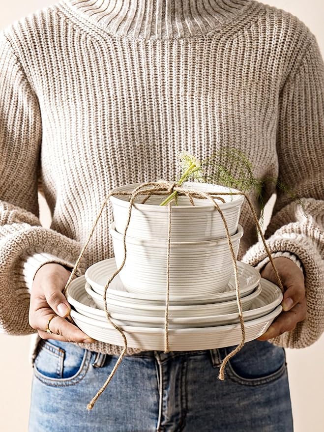 LE TAUCI Ceramic Plates and Bowls Set for 4 12-Piece Ceramic Dinnerware Set Farmhouse Dishes Set Microwave &amp Dishwasher Safe Stackable12-Piece Arctic White (10 Dinner+8 Salad Plates+6 Bow