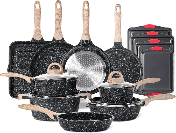 JEETEE 36Pcs Pots and Pans Set Non Stick Cookware Set Non toxic Kitchen Healthy Induction Cooking Set W/Griddle Sauté Pan Baking Trays &amp Pancake Rake (PFOA PFAS Free)