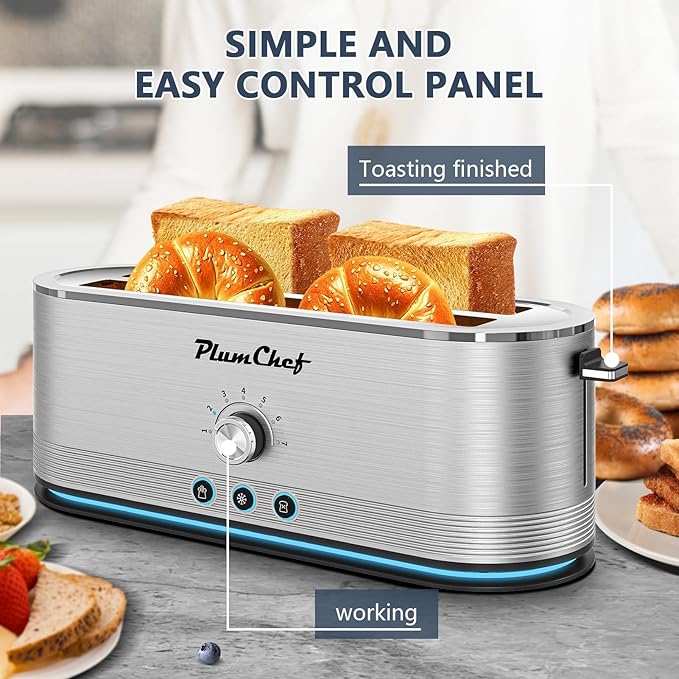 4-Slice Toaster Extra Wide Long Slot 7 Browning Settings Defrost/Reheat Functions Removable Crumb Tray Stainless Steel Housing 1350W Anti-Fingerprint &amp Anti-Jam