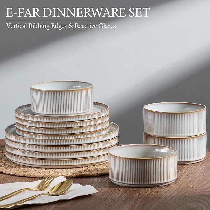 E-far Stoneware Dinnerware Sets 18-Pieces Modern Plates and Bowls Sets Kitchen Dinning Porcelain Dishes Set for 6 Chip &amp Scratch Resistant Dishwasher &amp Microwave Safe Creamy Beige