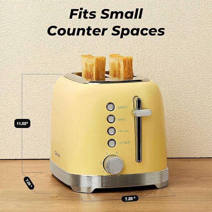 Toaster 2 Slice Retro Stainless Steel with 1.5” Extra Wide Slots Bagel Defrost Reheat Cancel Functions 6 Bread Shade Settings Removable Crumb Tray Yellow