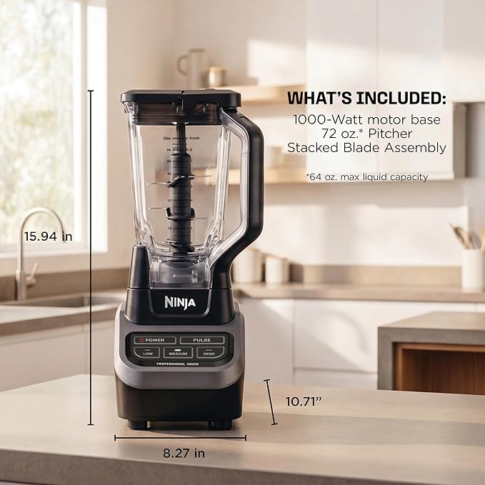 Ninja Professional Blender 1000W Total Crushing Technology- Smoothies Ice Crushing &amp Frozen Fruit Full-Size Countertop Blender 72-oz. Pitcher Black &amp Grey BL610