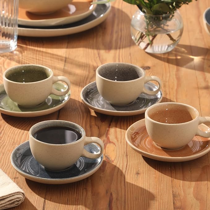 Gibson Elite Manila Bay 8-Piece Stoneware 5 oz Cup and Saucer Set Reactive Glaze Espresso &amp Coffee Cups with Saucers Assorted Colors