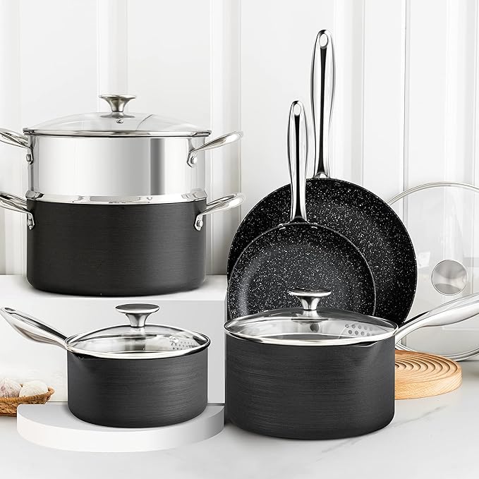MICHELANGELO Hard Anodized Cookware Set - 10 Pcs Non Stick Pots and Pans Set with Granite Interior Induction Cookware Set with Steamer Insert