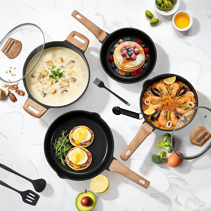 NEWBULIG 25Pcs Nonstick Cookware Set Granite Pots and Pans with Lids Induction Non Stick Cooking Set w/Frying Pans &amp Saucepans Black