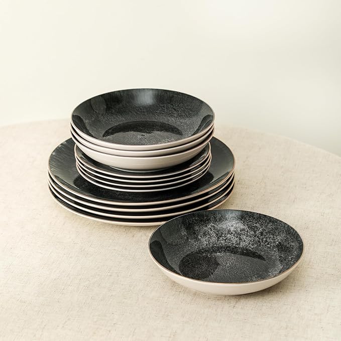 Christian Siriano Onyx 24-Piece Dinnerware Set Porcelain Plates and Bowls Set Hand Wash Dish Dish Set for 8 Black and Gold