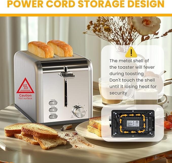 Simple Deluxe 2-Slice Stainless Steel Toaster Extra Wide Slot &amp Removable Crumb Tray 6 Browning Setting and 3 Function Toaster for Bread &amp Waffle Silver