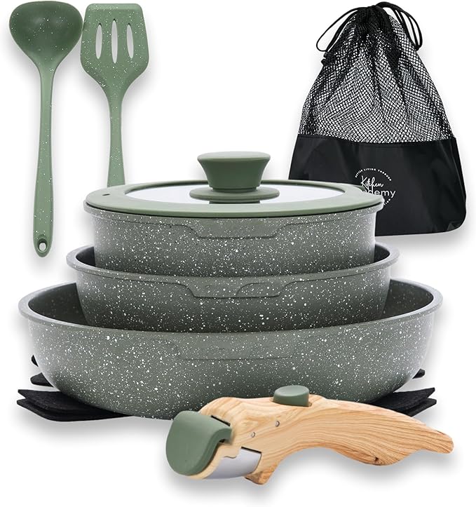 10 Pcs Pots and Pans Set Non Stick Nonstick Kitchen Cookware Sets Detachable Handle Induction Pots and Pans Set with Removable Handle RV Cookware for Camping Oven Safe PFOS PFOA Free Green