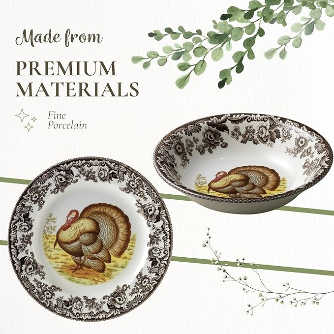 Spode Woodland 3-Piece Thanksgiving Dinnerware Set - Porcelain Plates &amp Bowl Fall Dinnerware Collection - Microwave &amp Dishwasher Safe - Elegant Autumn Tableware