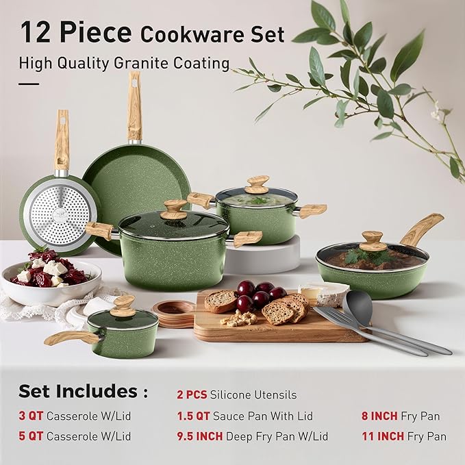 DishDelight Induction Pots and Pans Set Non Stick 12 Piece Nonstick Induction Granite Kitchen Cookware Sets Induction Cookware Nonstick Granite Cooking Set PFOA&ampPFOS Free Green