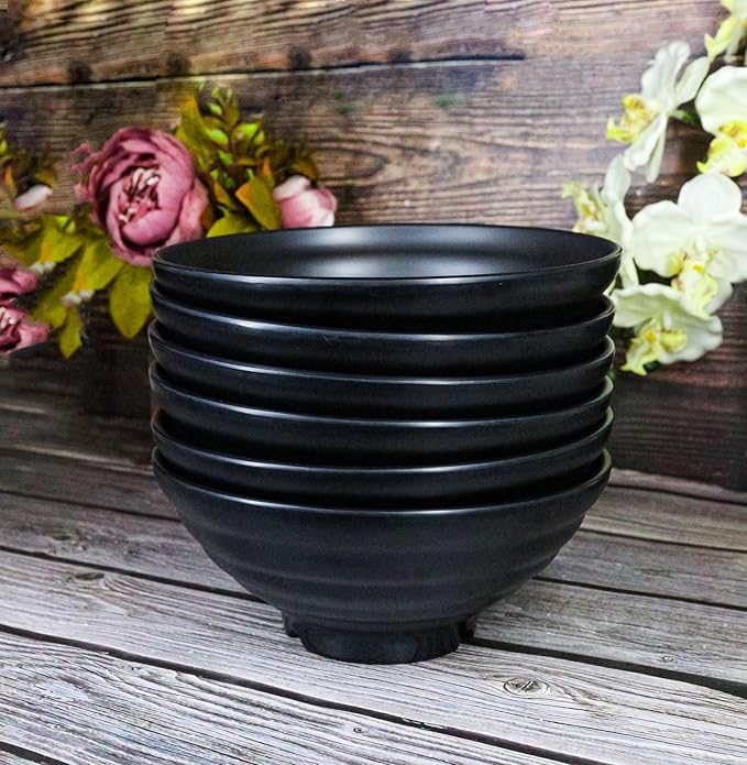 Ebros Gift Contemporary Ridged Matte Black Melamine Series Dinnerware Serveware Kitchenware Set Japanese Chinese Restaurant Supply (Pack Of 6 Round Ramen Soup Pasta Salad Bowls 40oz)