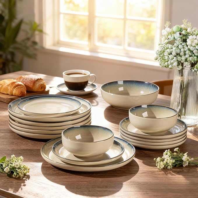 GBHOME Ceramic Dinnerware Sets for 6 18 Pieces Stoneware Plates and Bowls Sets Reactive Glaze Dishes -Scratch Resistant Dishwasher&ampMicrowave SafePale Khaki