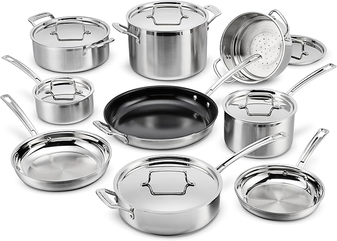 Cuisinart 15 Piece Cookware Set MultiClad Pro Triple Ply Silver MCP-15N