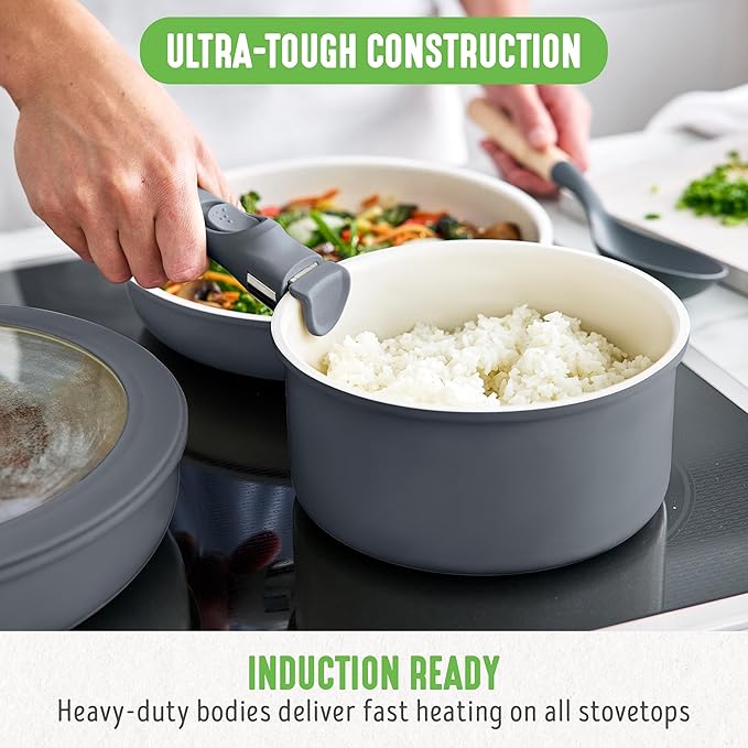 GreenLife 10 Piece Nonstick Pots &amp Pans Set Detachable Handle &amp Stackable Cookware Set Non Toxic PFAS-Free Skillets Induction Kitchen Pans Space Saving Serving Bowls Oven Safe Graphite
