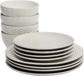 Gibson Elite Oyster Tide Embossed 12 Piece (Service for 4) Plates and Bowls Reactive Glaze Round Dishes Stoneware Ceramic Dinnerware Set White