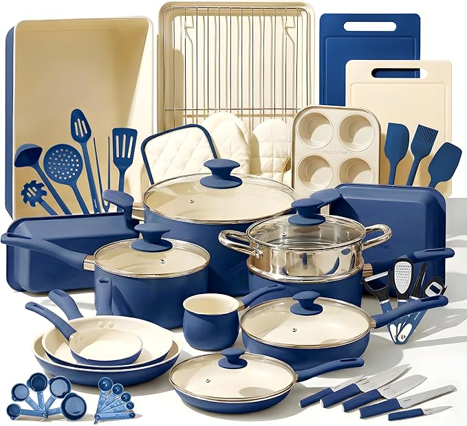 Nutrichef 54 Piece Professional Grade Complete Home Kitchen Cookware Set Ceramic Non-Stick Bakeware Pot and Pans Kit Cool-Touch Handles Safe for Gas Electric Induction Cooktops Easy Clean