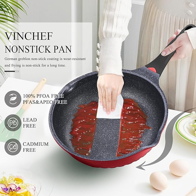 Vinchef Nonstick Skillet with Lid 11In/5Qt Aluminum Deep Frying Pan with Lid and Heat Indicator Anti Scratch and Anti Stain Deep Saute Pan Induction Compatible