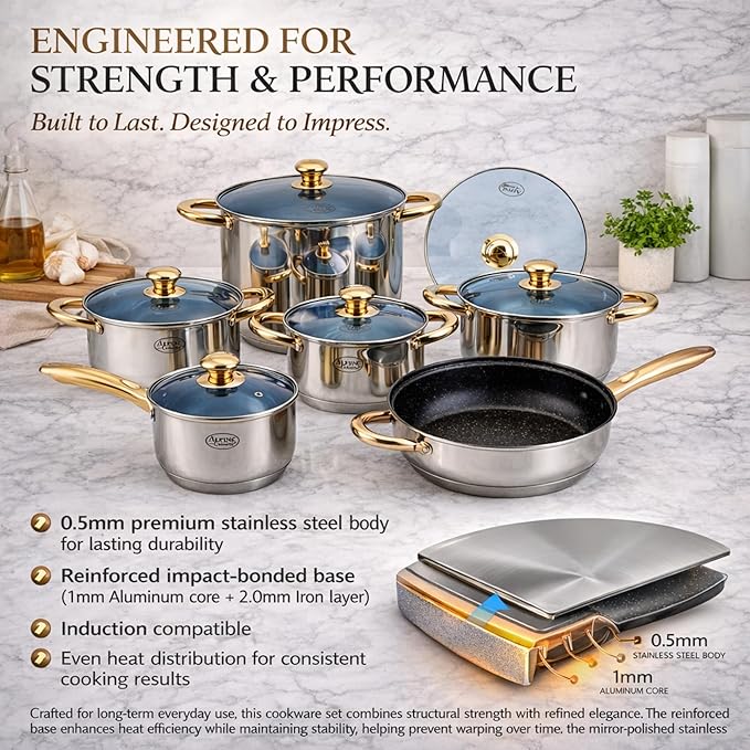 Alpine Cuisine 12-Piece Stainless Steel Cookware Set with Blue Glass Lids &amp Gold Handles – Nonstick Fry Pan Stock Pot &amp Sauce Pots – Induction Compatible Mirror Polish Kitchen Cooking Set