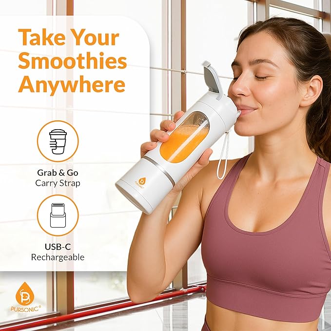 Pursonic Portable Juicer &amp Blender Cup – USB C Charging Mini Smoothie Blender with 50W Motor 12-Blade Power System 3 Speeds – Personal Juice &amp Smoothie Maker (15.2 oz)