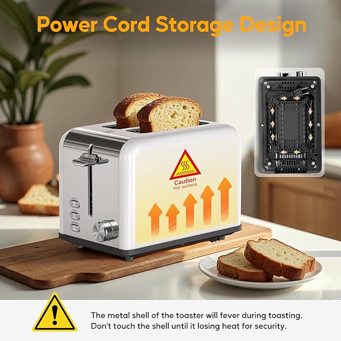 HealSmart 2-Slice Stainless Steel Toaster 6 Browning Setting and 3 Function Toaster Extra Wide Slot &amp Removable Crumb Tray for Bread &amp Waffle White