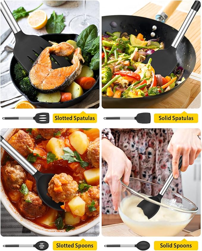 Pack of 4 Silicone Cooking Utensils Set Non Stick Large Solid Spatulas Heat Resistant Black Slotted Spoons Ideal BPA Free Kitchen Turners for Frying MixingServingDrainingTurningStirring