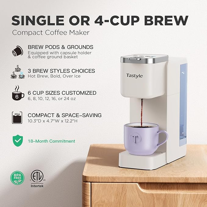 Single Serve Coffee Maker Iced and Hot Coffee Machine for K Cup &amp Grounds Compact Design 40oz Removable Water Reservoir 6 to 24 Oz Brew Sizes Fits 7.3 Travel Mug Beige