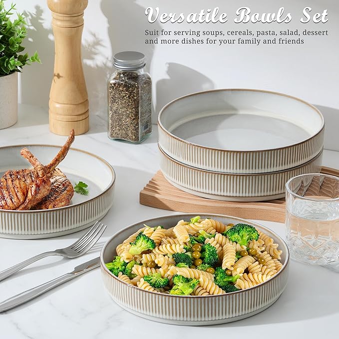 E-far 12-Piece Plates and Bowls Sets with 35oz Pasta Bowls Set of 4 Stoneware Dinnerware Dishes Sets Kitchen Modern Dining Dishware Creamy Beige