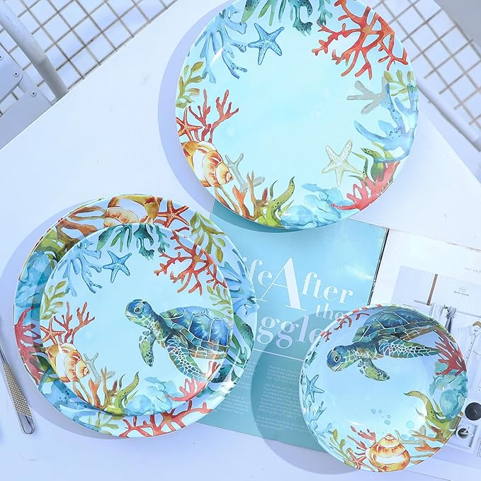 12-Piece Melamine Turtle Dinnerware Set &amp Service platter Unbreakable Lightweight Tableware Set - Turtle