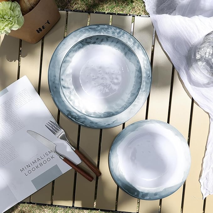 Melamine Dinnerware Sets-12 Pieces Outdoor Plates and Bowls Set for 4 Durable Dinner Plates for Camping Picnics Party Chip Resistant Dishes Grey Blue Dishwasher Safe