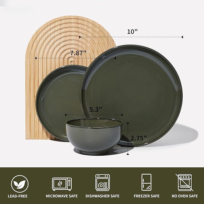 Santorini Mist Terracotta Reactive Glaze Plates and Bowls Sets Stoneware Dinnerware Sets Microwave and Dishwasher Safe Ceramic Dish Set Service for 4 Blackish Green