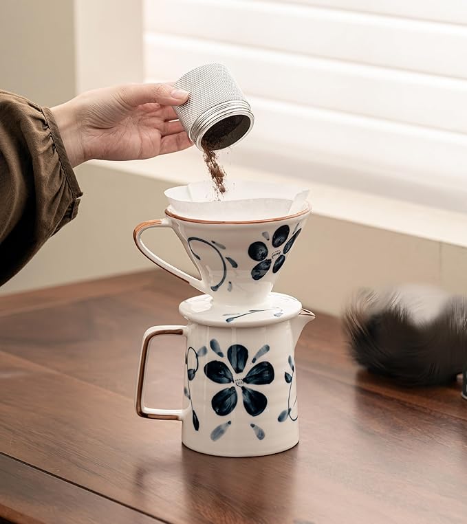 Pour Over Coffee MakerCeramic Coffee Maker With 40 pcs Paper Filter15oz/450ml Pour Over Coffee Dripper (Blue and white V02)