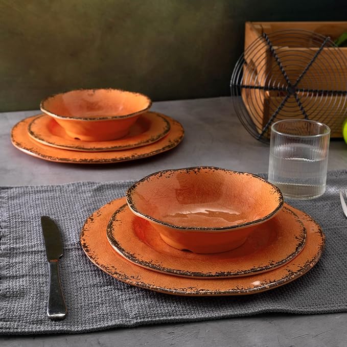 LEHAHA Melamine Salad/Dessert Plates Crackled Design Plates Set of 6 9 inch Small Dinner Plates Modern Rustic Kitchen Serving Dishes for Party Picnic and Camping Use Orange