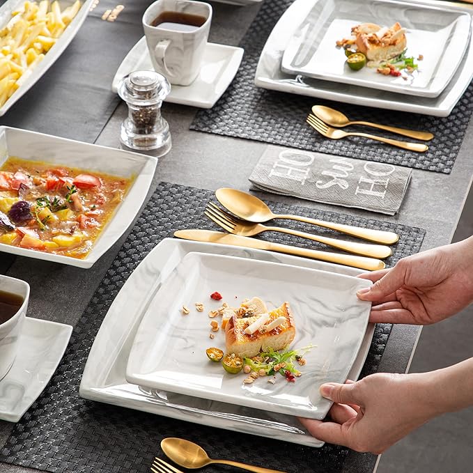 MALACASA Dinnerware Sets 32 Pieces Porcelain Plates and Bowls Sets for 6 Marble Grey Dishes with Plates and Bowls Cups and Saucers Side Dish Plates Square Dinner Set Series Blance