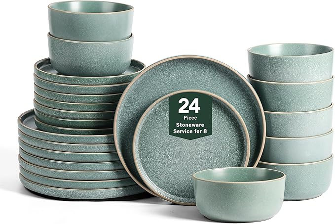 Earth &amp Clay Amber 24-Piece Dinnerware Set Stoneware Dishwasher and Microwave Safe Plates and Bowls Set Dish Set for 8 Green