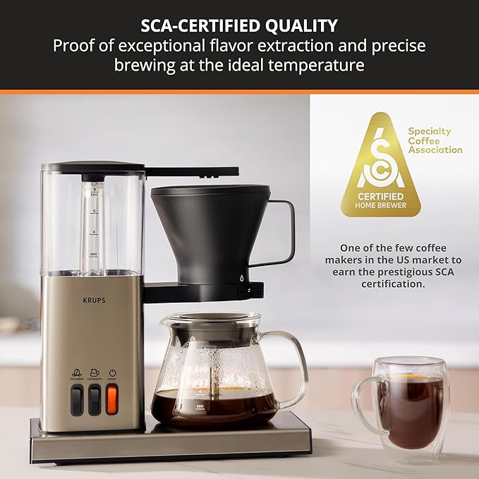 KRUPS Essential Brewer 8 Cup Drip Coffee Maker Machine SCA-Certified Blooming Technology Barista-Quality Pour Over Coffee Machine Easy to Clean Stainless Steel Design Silver