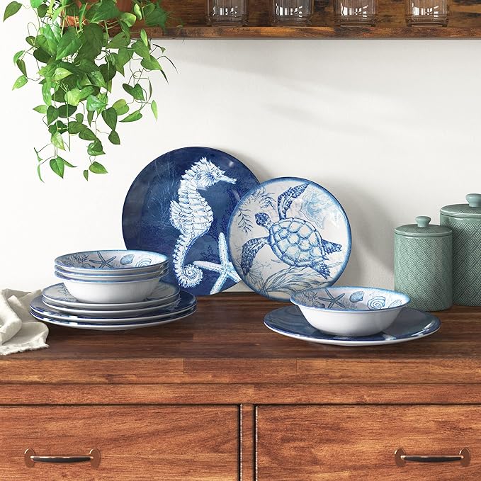 Certified International Oceanic 12 piece Melamine Dinnerware Set Service for 4 Multi Colored