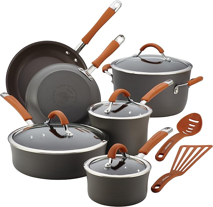 Rachael Ray Cucina Dishwasher Safe Hard Anodized Nonstick Cookware Pots and Pans Set 12 Piece Gray with Orange Handles &amp Cucina Nonstick Bakeware Set 10 Piece Latte Brown with Cranberry Red Gr