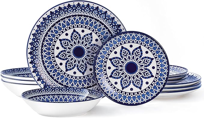 Bestone Ceramic 12-Pieces Dinnerware Sets Ceramic Dish Plates and Bowls Sets Dishes Set for 4 Dinner Salad Dessert Plates and Cereal Bowls Set GiftVintage Blue