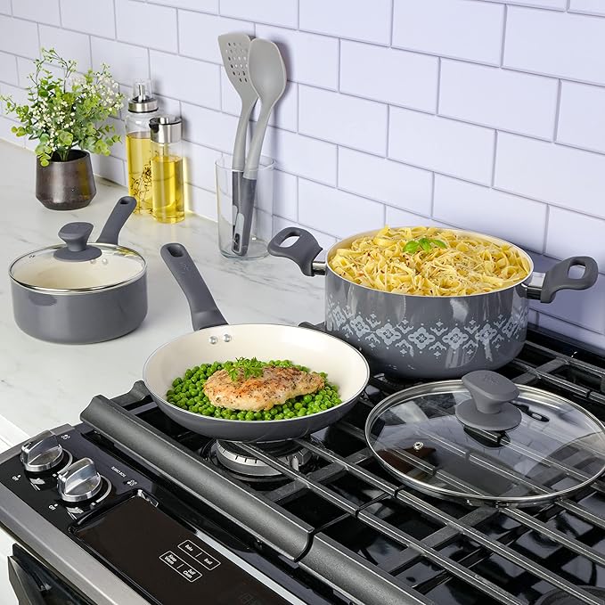 Spice by Tia Mowry Savory Saffron 7-Piece Healthy Nonstick Ceramic Cookware Set - Grey