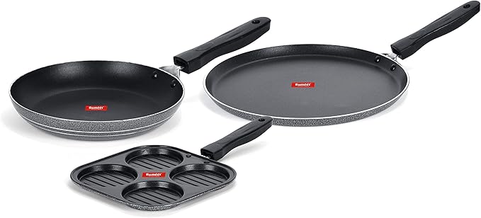 Sumeet NonStick Grys Cookware Set (Dosa Tawa - 26.5Cm Dia + Mini Multi Snack Maker - 4 Cavity -19.5cm + Tapper pan - 0.6Ltr - 20Cm Dia)