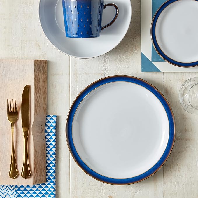 Denby - Imperial Blue Dinner Set for 4-12 Piece Ceramic Tableware Set Blue White - Dishwasher Microwave Safe Crockery Set - 4 x Dinner Plate 4 x Small Plate 4 x Cereal Bowl